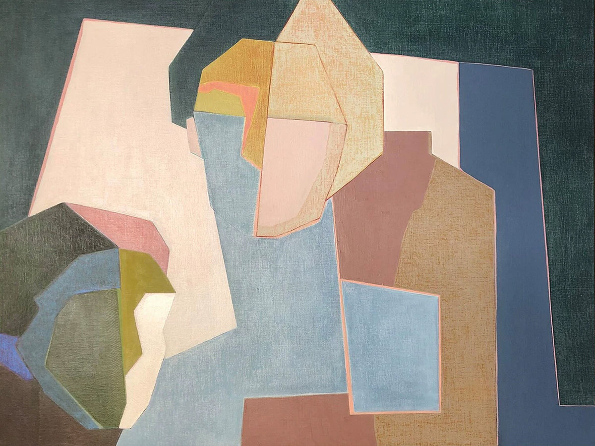 Overlapping geometric figures in dusty pink, blue, ochre and slate