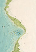 Turquoise sea meeting a green-edged sandy shore with tiny beachgoers, seen from the air