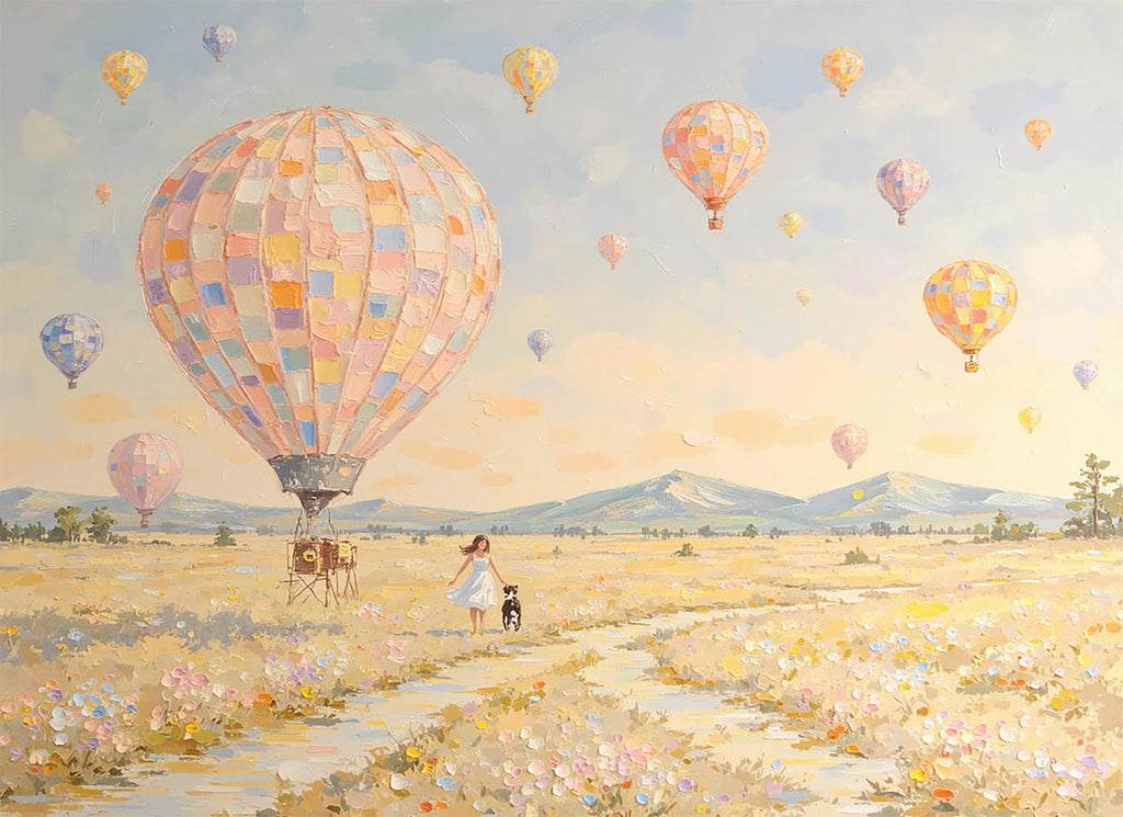 A girl and her dog walk through a flower meadow as pastel hot-air balloons drift overhead