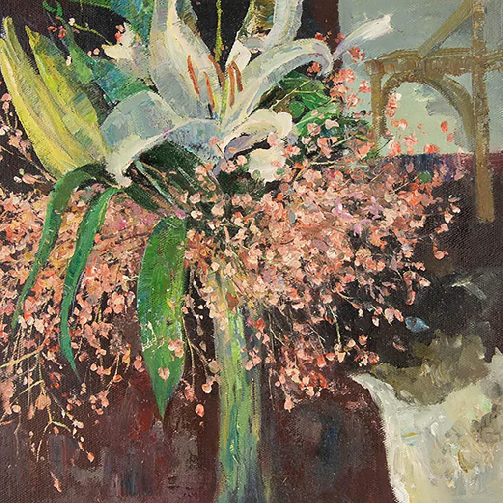 A white lily and sprays of pink baby's breath in a tall green vase, loosely painted on a dark ground