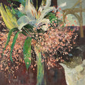A white lily and sprays of pink baby's breath in a tall green vase, loosely painted on a dark ground