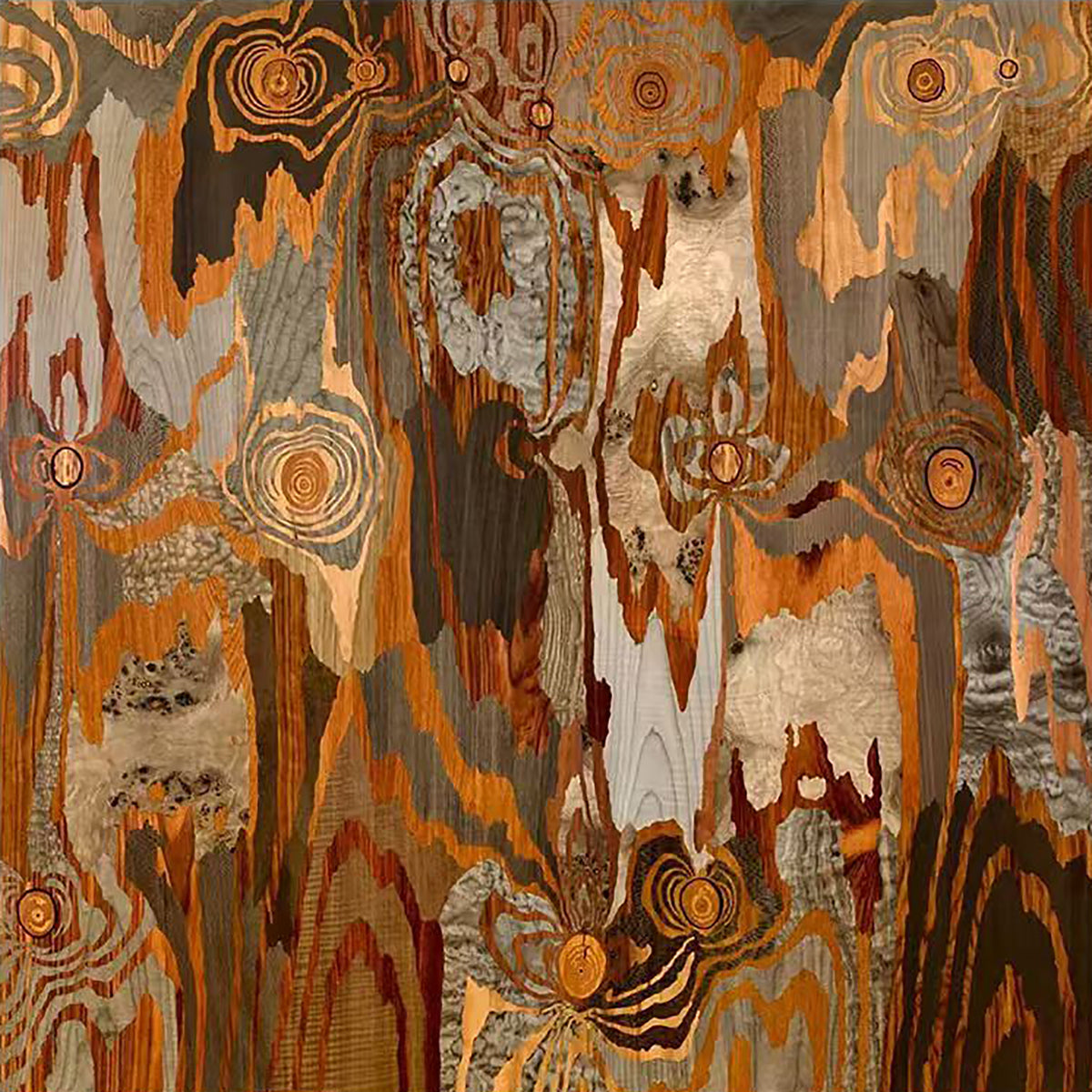 Flowing woodgrain patterns and knots in amber, rust and grey, layered into a rich abstract