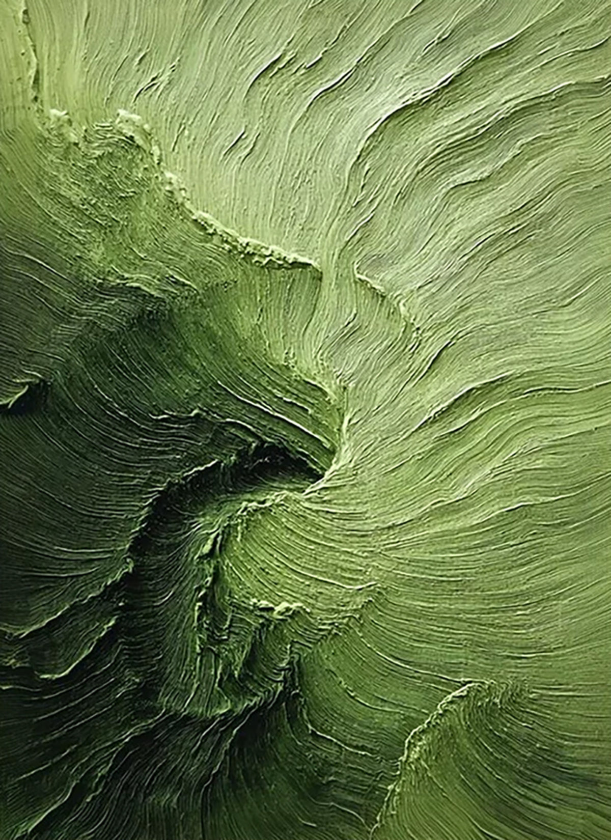 Sweeping sculpted ridges of sage and moss green, like a landscape seen from above