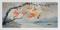 An ink-drawn branch heavy with orange persimmons.