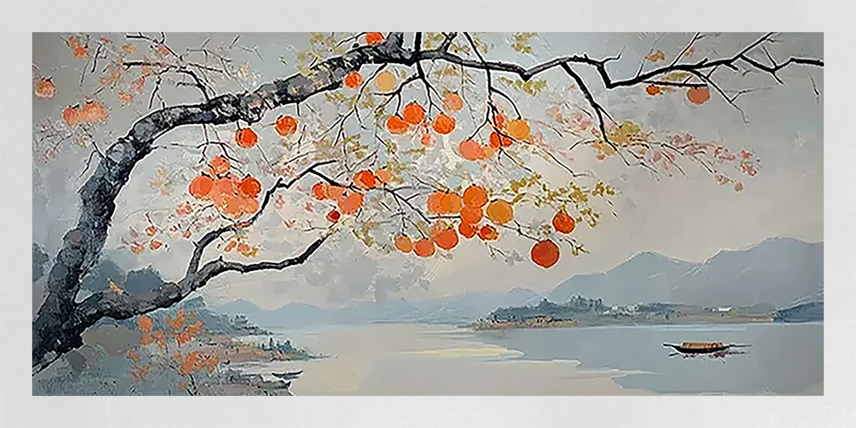 An ink-drawn branch heavy with orange persimmons.