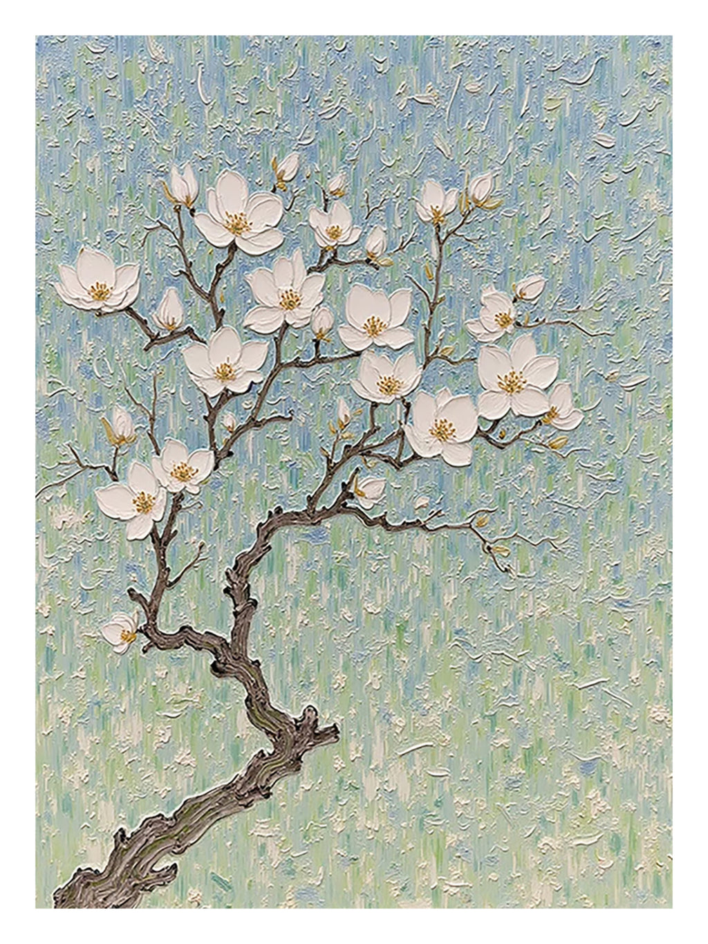 White magnolia blossoms on a gnarled branch against a textured blue-green ground