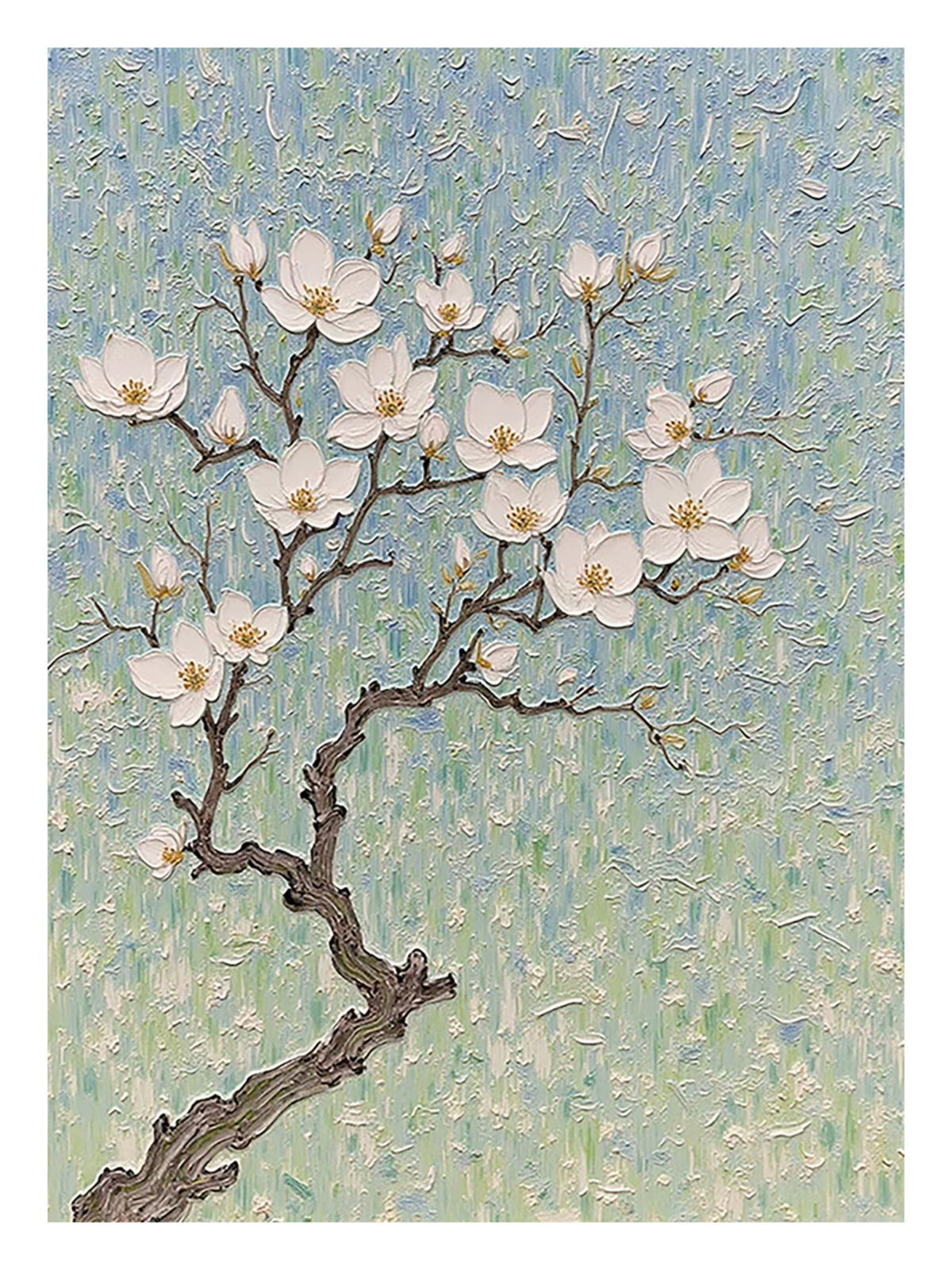 White magnolia blossoms on a gnarled branch against a textured blue-green ground