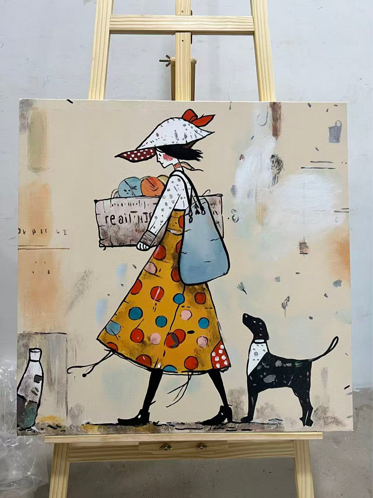 A stylish girl with shopping bags walking her spotted dog.