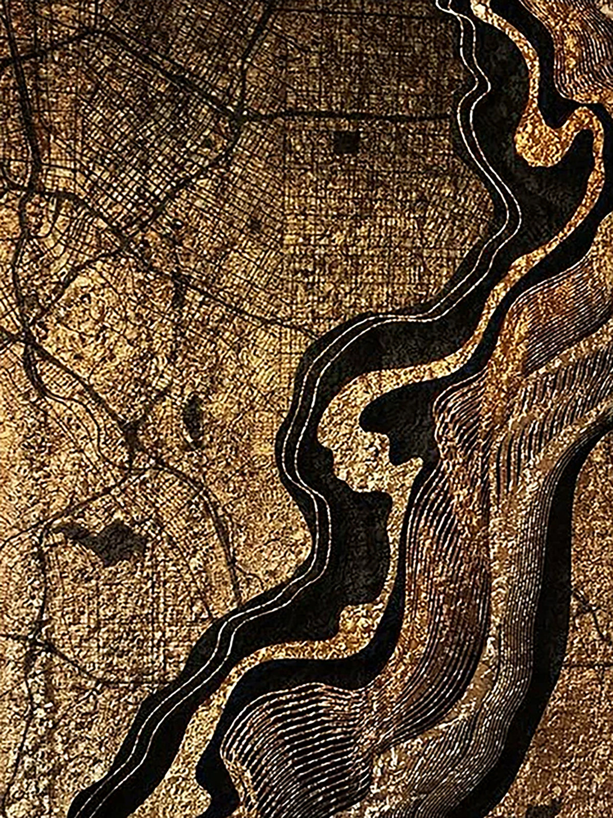 A city map in gold and black, cut through by a sculpted winding river