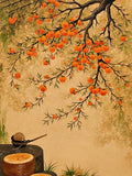 A persimmon tree arching over a tea set on a tree stump against a warm golden wall