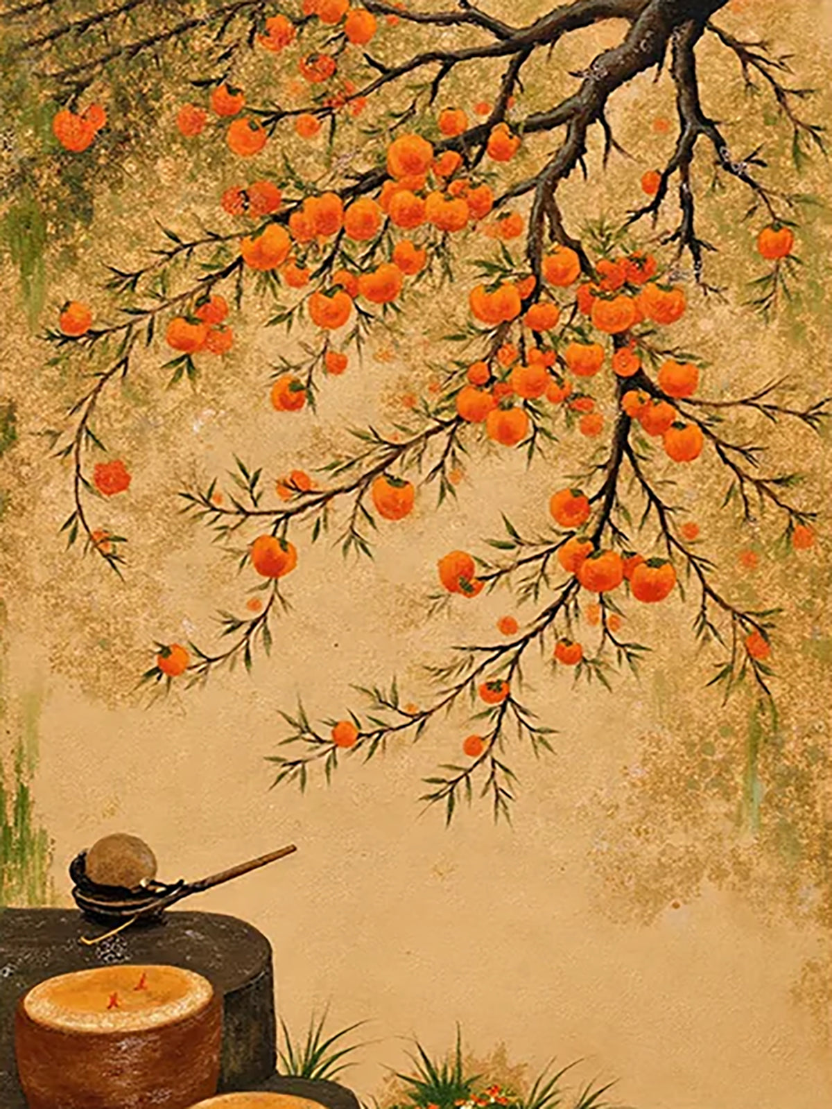 A persimmon tree arching over a tea set on a tree stump against a warm golden wall