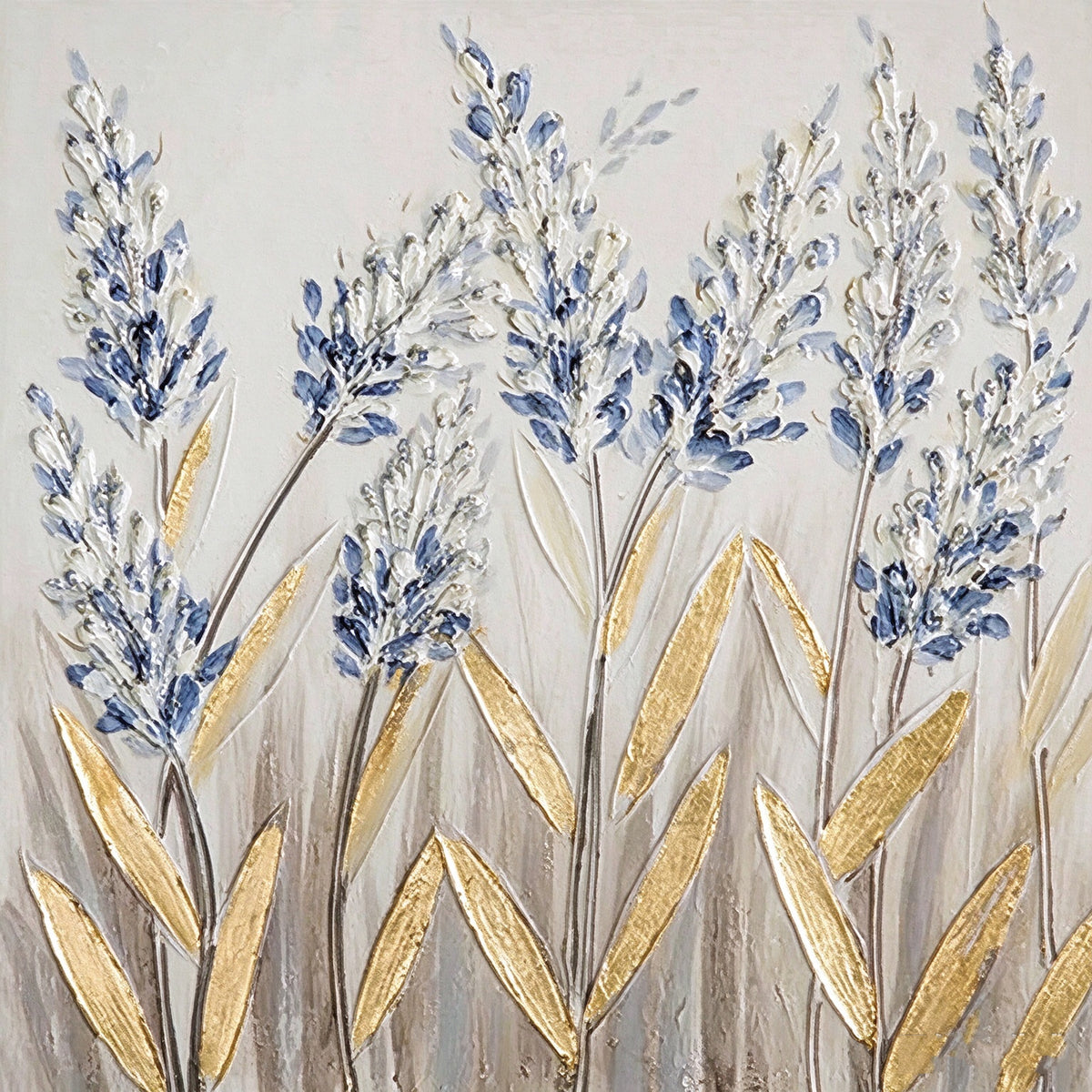 Blue blossom spires rising between gold-leaf blades on a soft grey ground
