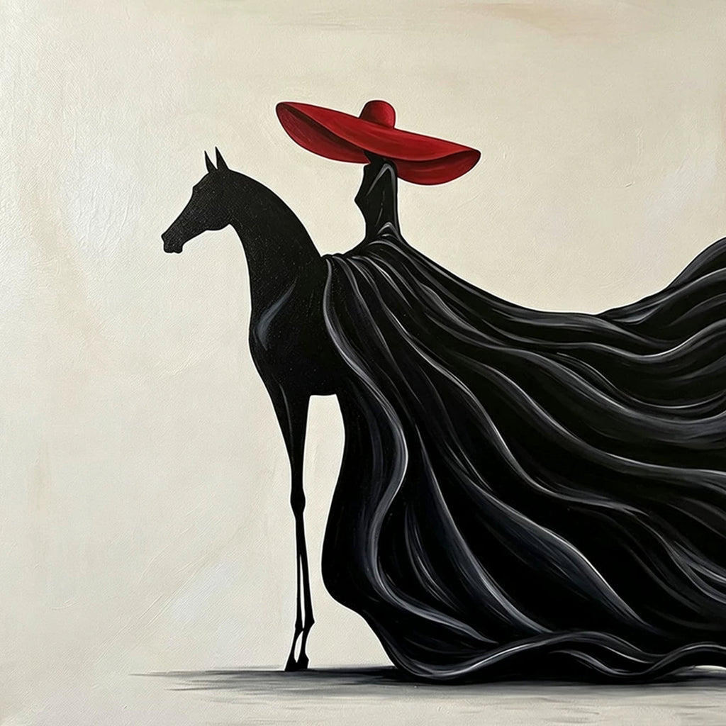 A rider in a wide red hat on a black horse, her gown flowing behind in dark waves