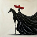 A rider in a wide red hat on a black horse, her gown flowing behind in dark waves