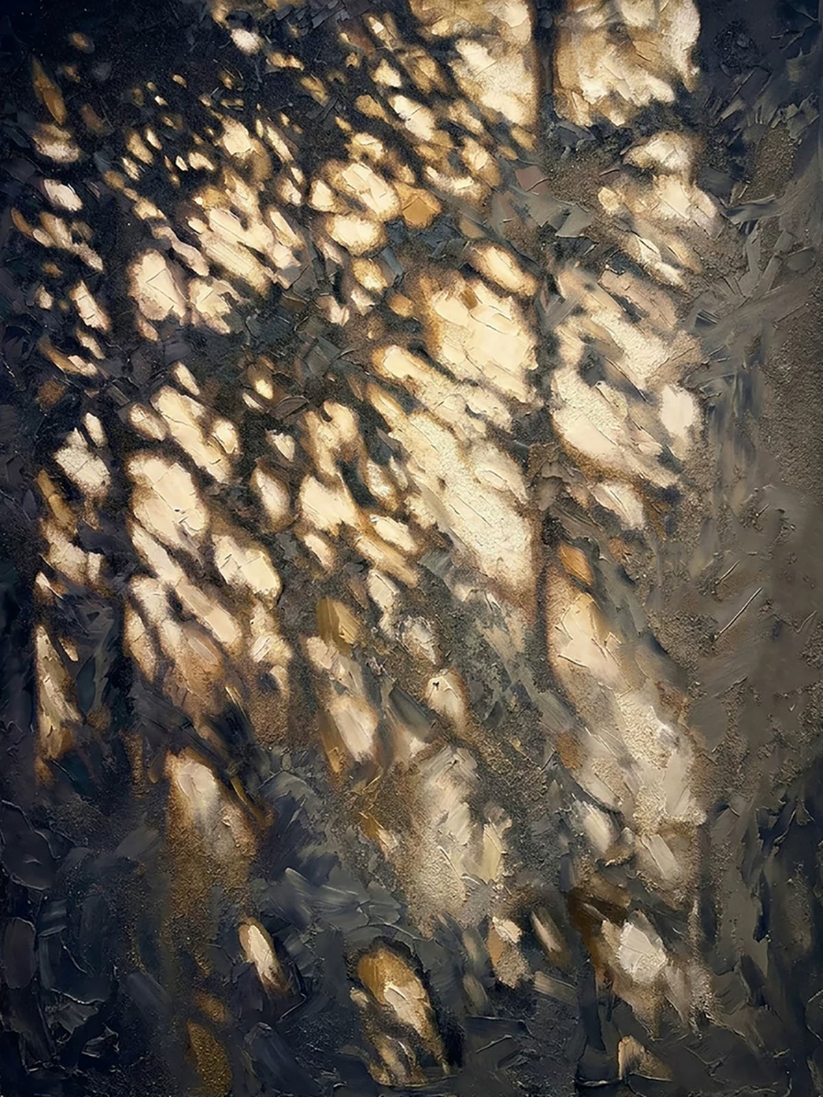 Warm light filtering through leaves onto a dark, deep-toned wall