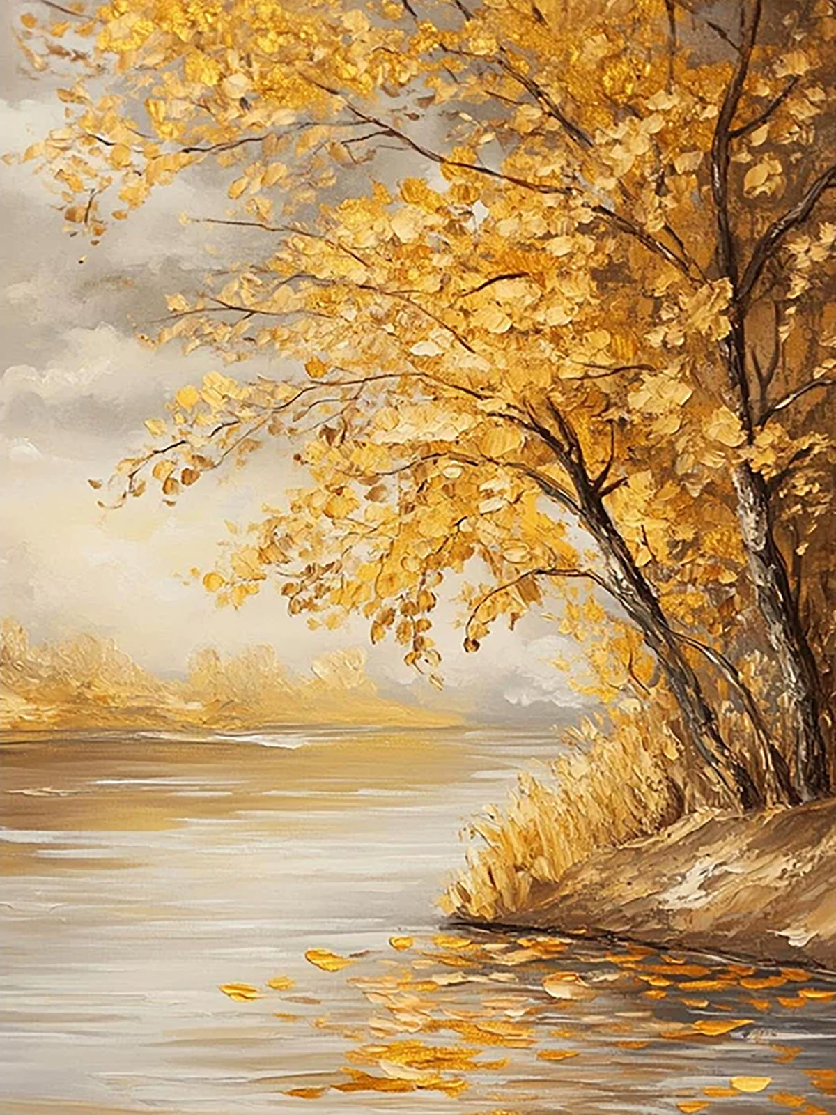 An autumn tree of golden leaves leaning over a still, silvery lake