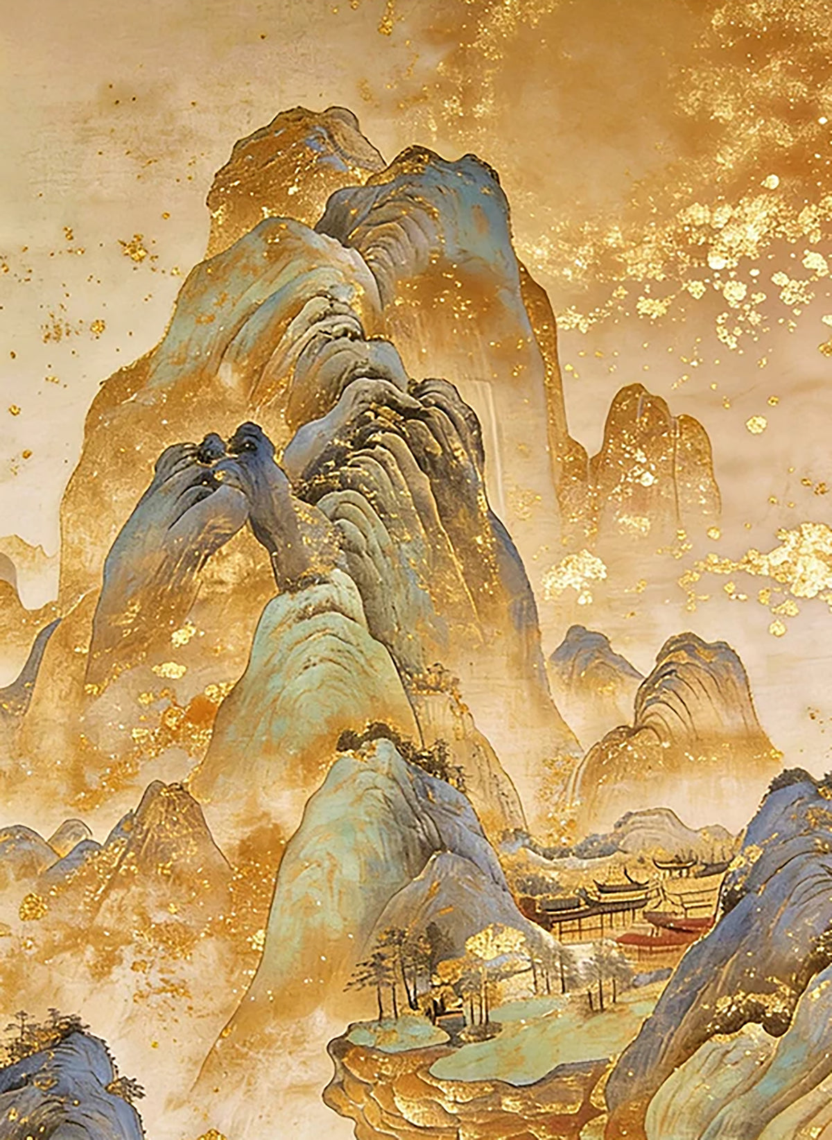 Blue-green mountains rising through gold mist above a small village nestled in the valley