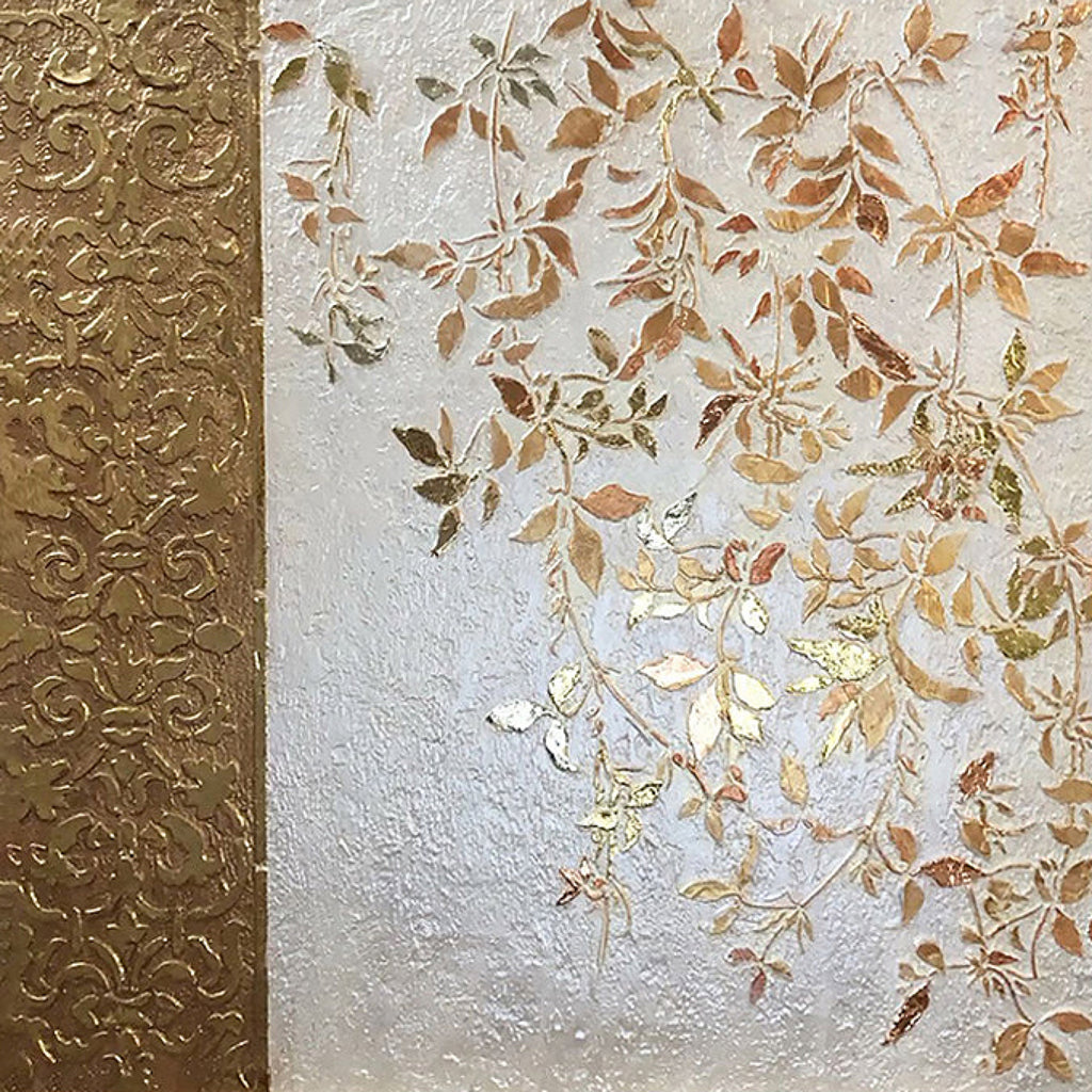 Trailing gold-leaf vines across a textured pearl ground beside a gold damask panel