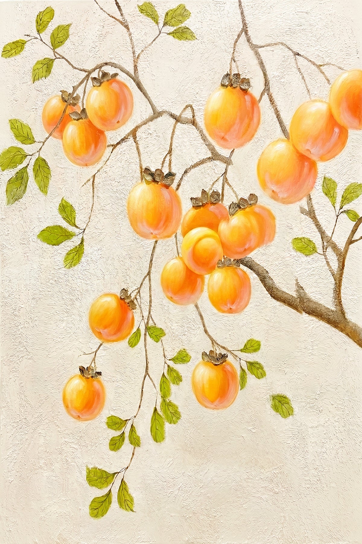Ripe orange persimmons hanging from a slender branch on a cream ground