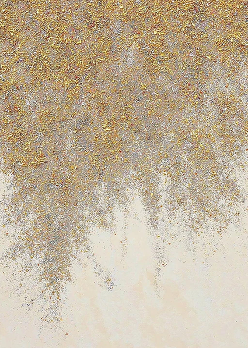 A shimmering curtain of gold flakes falling over a soft ivory ground