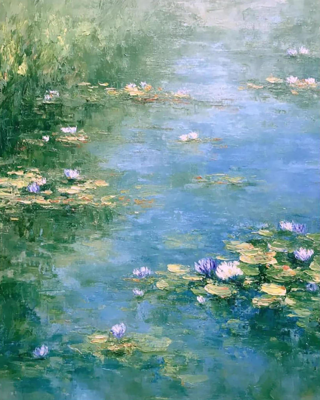 Violet and pink water lilies floating on a soft blue pond edged with reeds