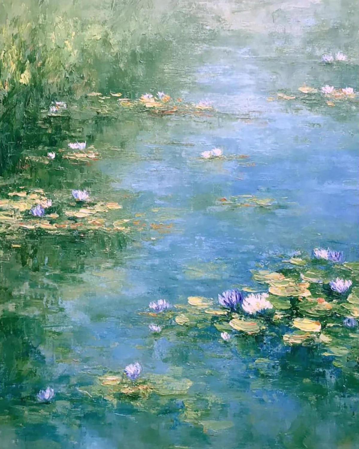 Violet and pink water lilies floating on a soft blue pond edged with reeds