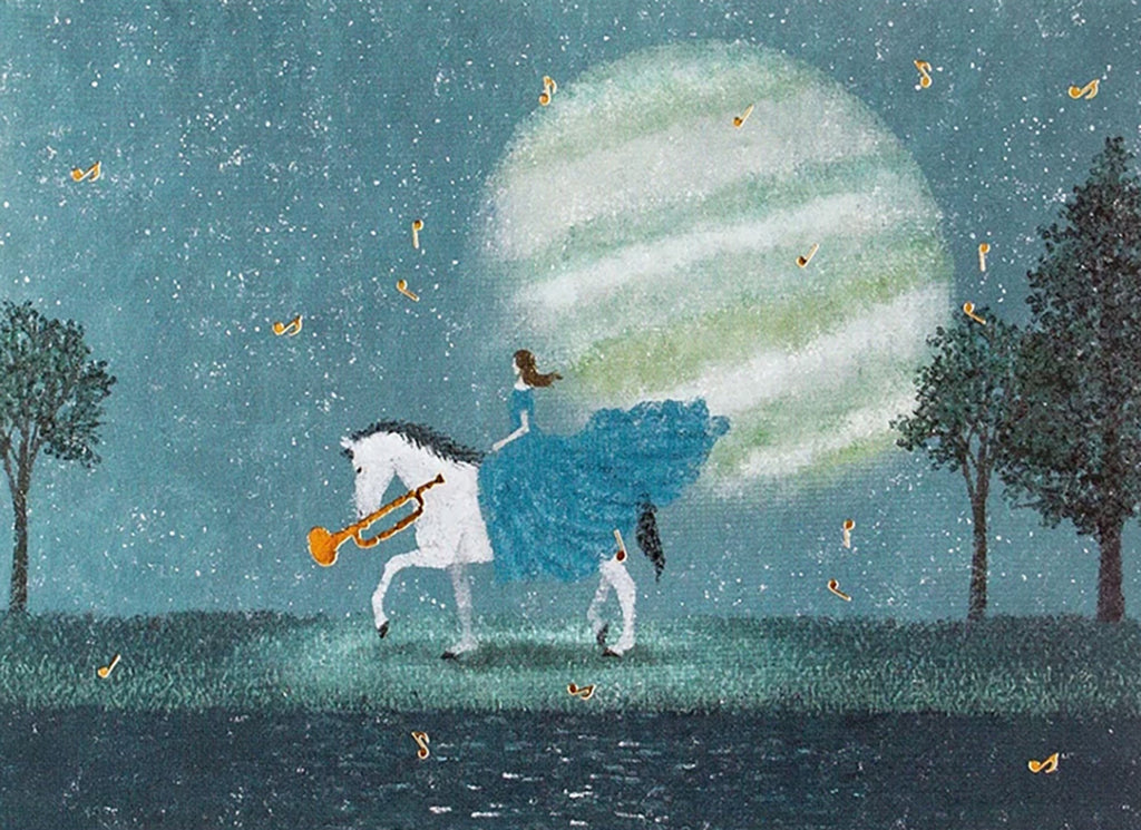 A girl in a flowing blue gown rides a white horse, playing a trumpet beneath a huge moon