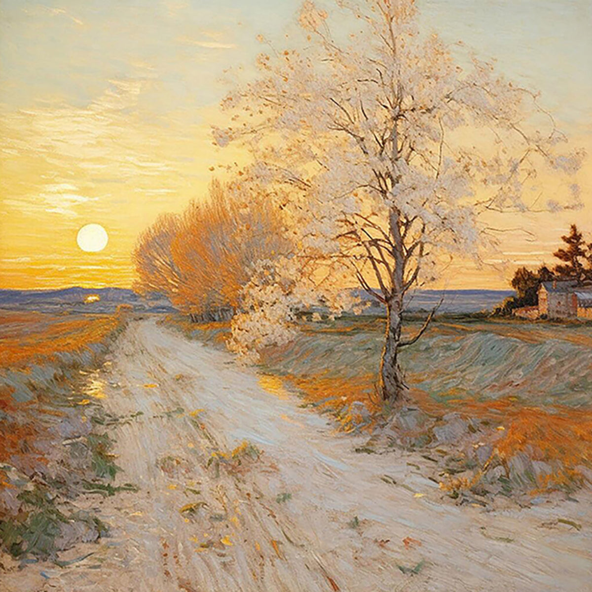 A frosted tree beside a snowy country road glowing under a low orange sun