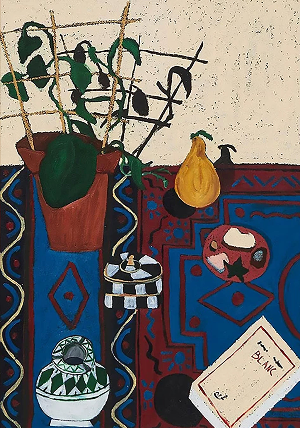 A potted plant, a pear, a pomegranate and a patterned jar on a bold blue and red rug
