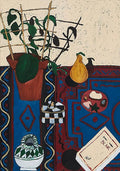 A potted plant, a pear, a pomegranate and a patterned jar on a bold blue and red rug