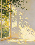 Bright sun through a window and hanging leaves, throwing dappled shadows across a white corner