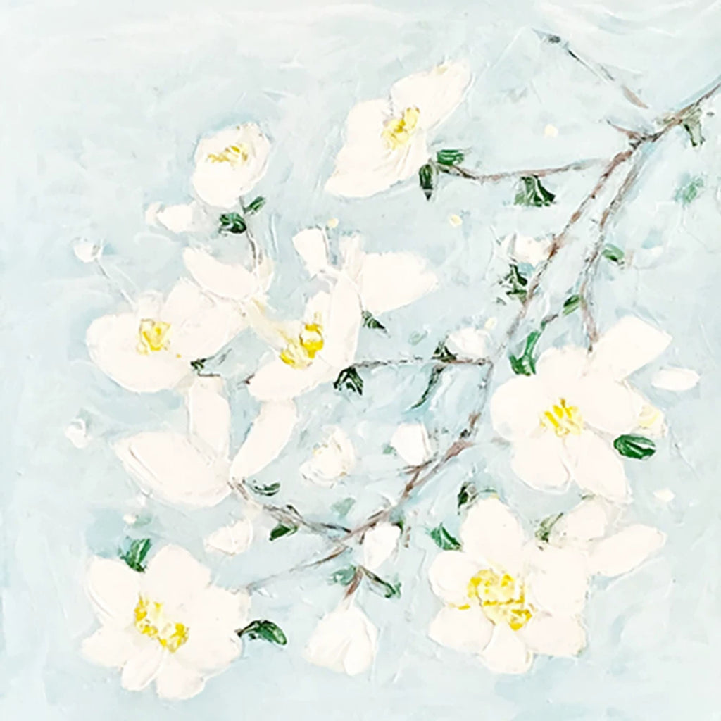 White blossoms with yellow centers on a branch, thick paint on a pale blue ground
