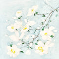 White blossoms with yellow centers on a branch, thick paint on a pale blue ground