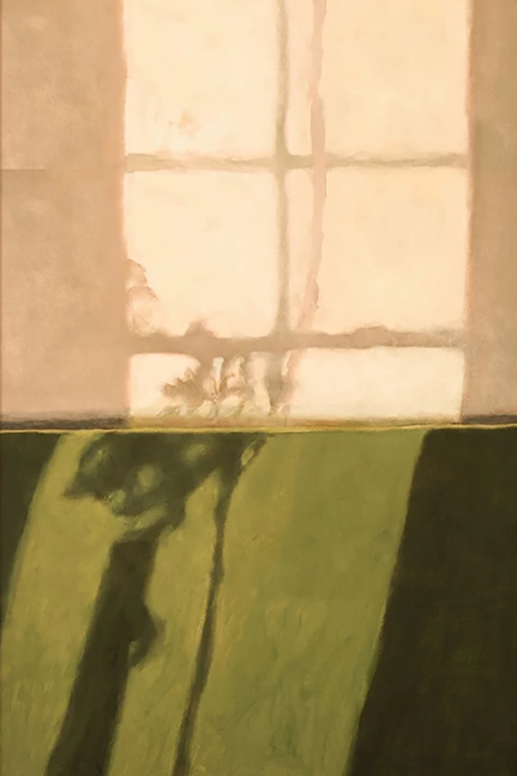 Window light falls in soft panes across a wall, leaf shadows on the olive floor