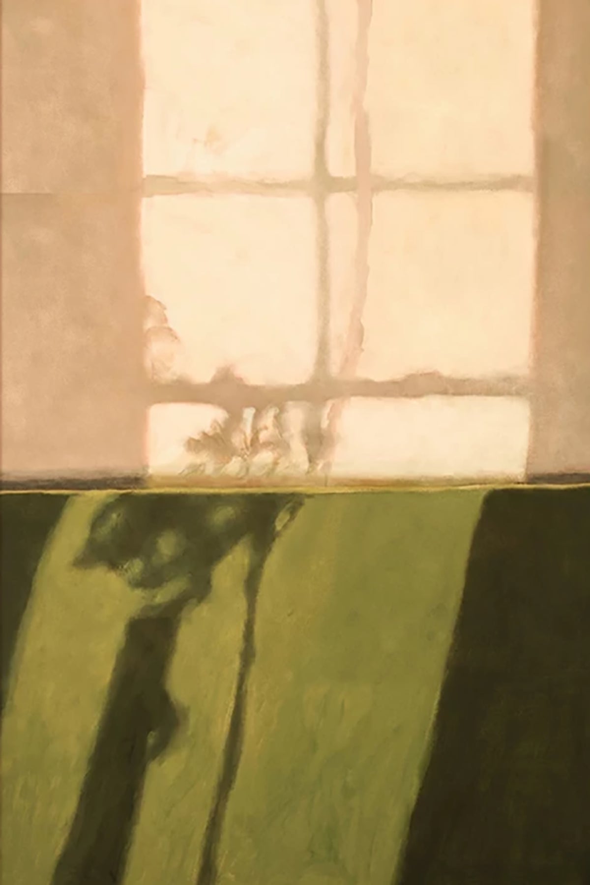 Window light falls in soft panes across a wall, leaf shadows on the olive floor