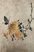 Golden chrysanthemums and a dark butterfly on a textured parchment ground