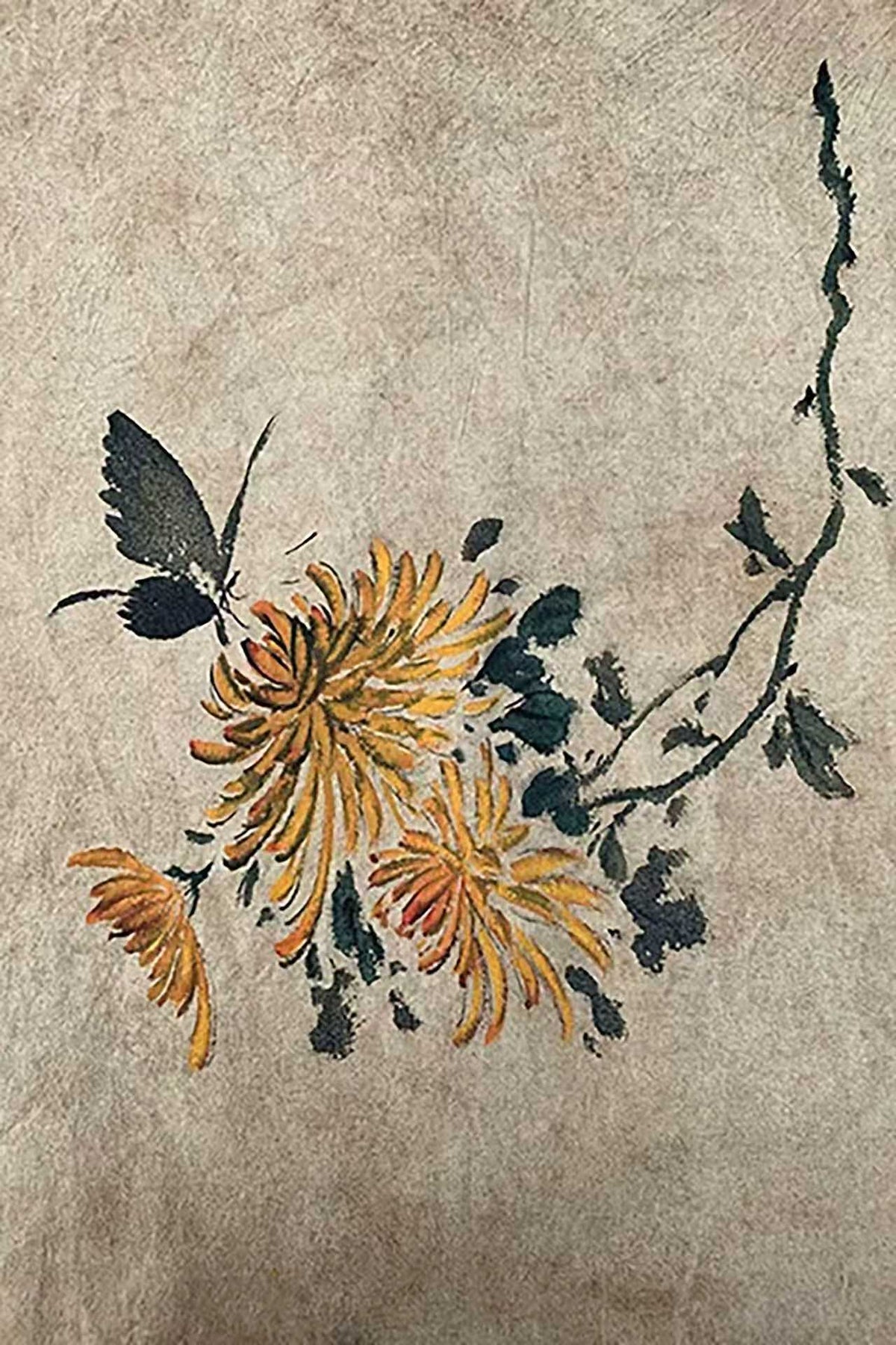 Golden chrysanthemums and a dark butterfly on a textured parchment ground