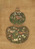 A gourd-shaped vase filled with a miniature garden of flowers and birds on an antique gold ground