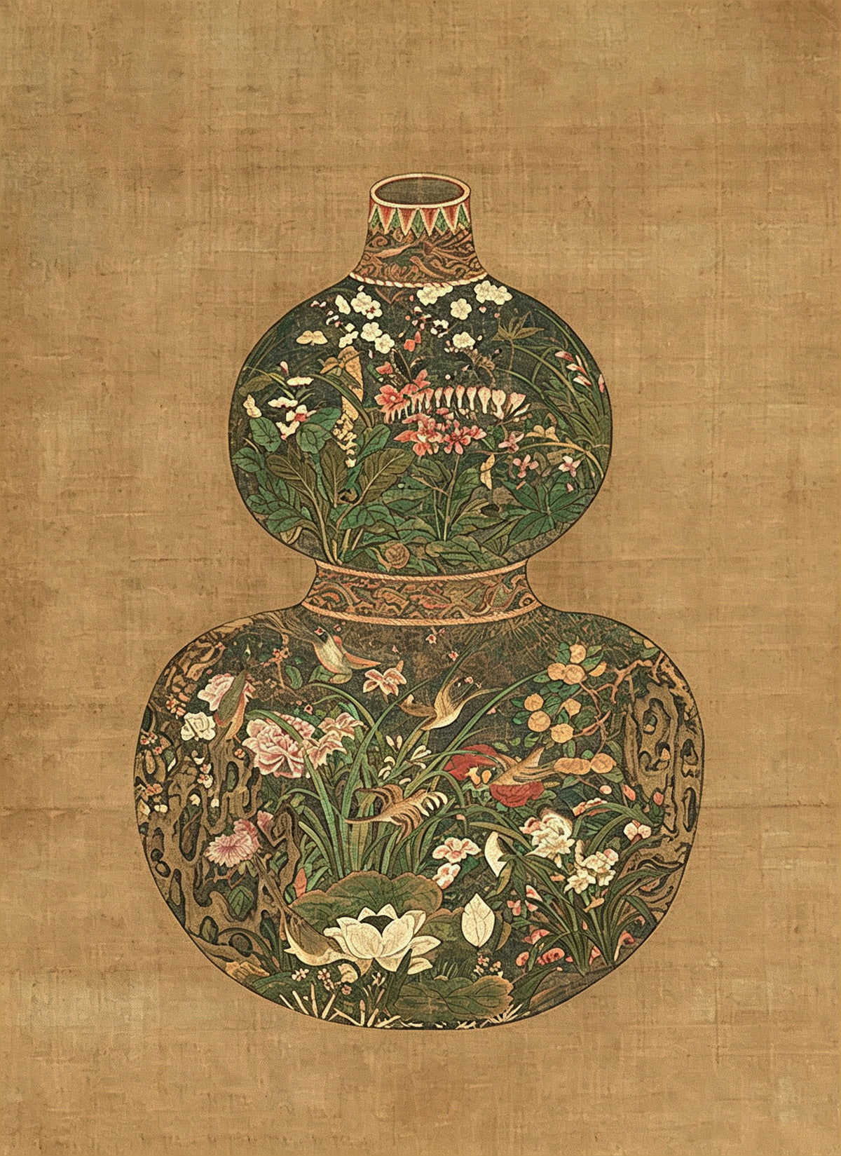A gourd-shaped vase filled with a miniature garden of flowers and birds on an antique gold ground