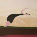 A woman in a black dress leaning far forward, arm outstretched, against a pale windswept field