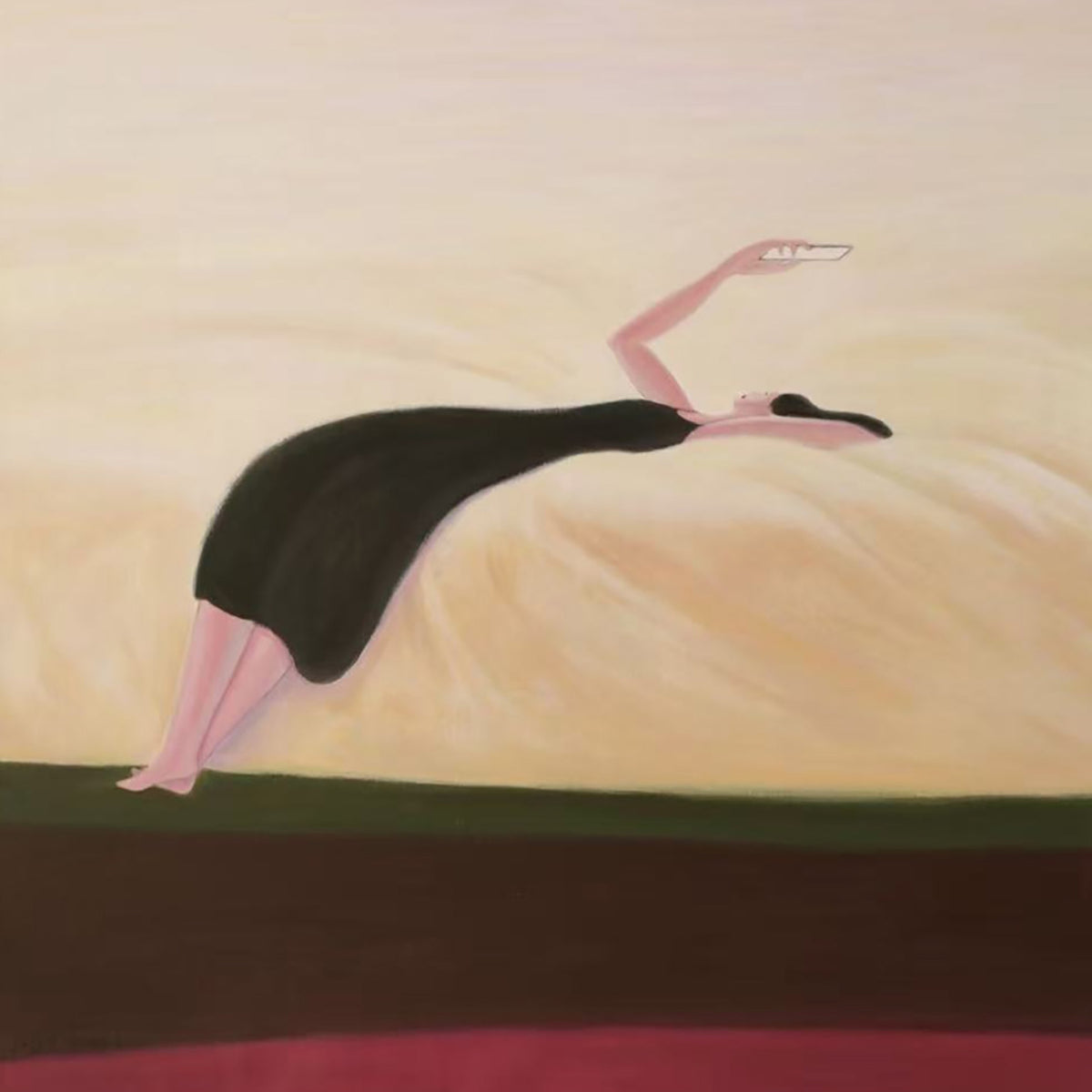 A woman in a black dress leaning far forward, arm outstretched, against a pale windswept field