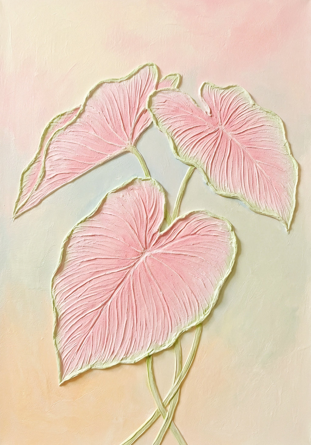 Three sculpted pink caladium leaves on a pastel peach-to-mint ground
