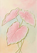 Three sculpted pink caladium leaves on a pastel peach-to-mint ground