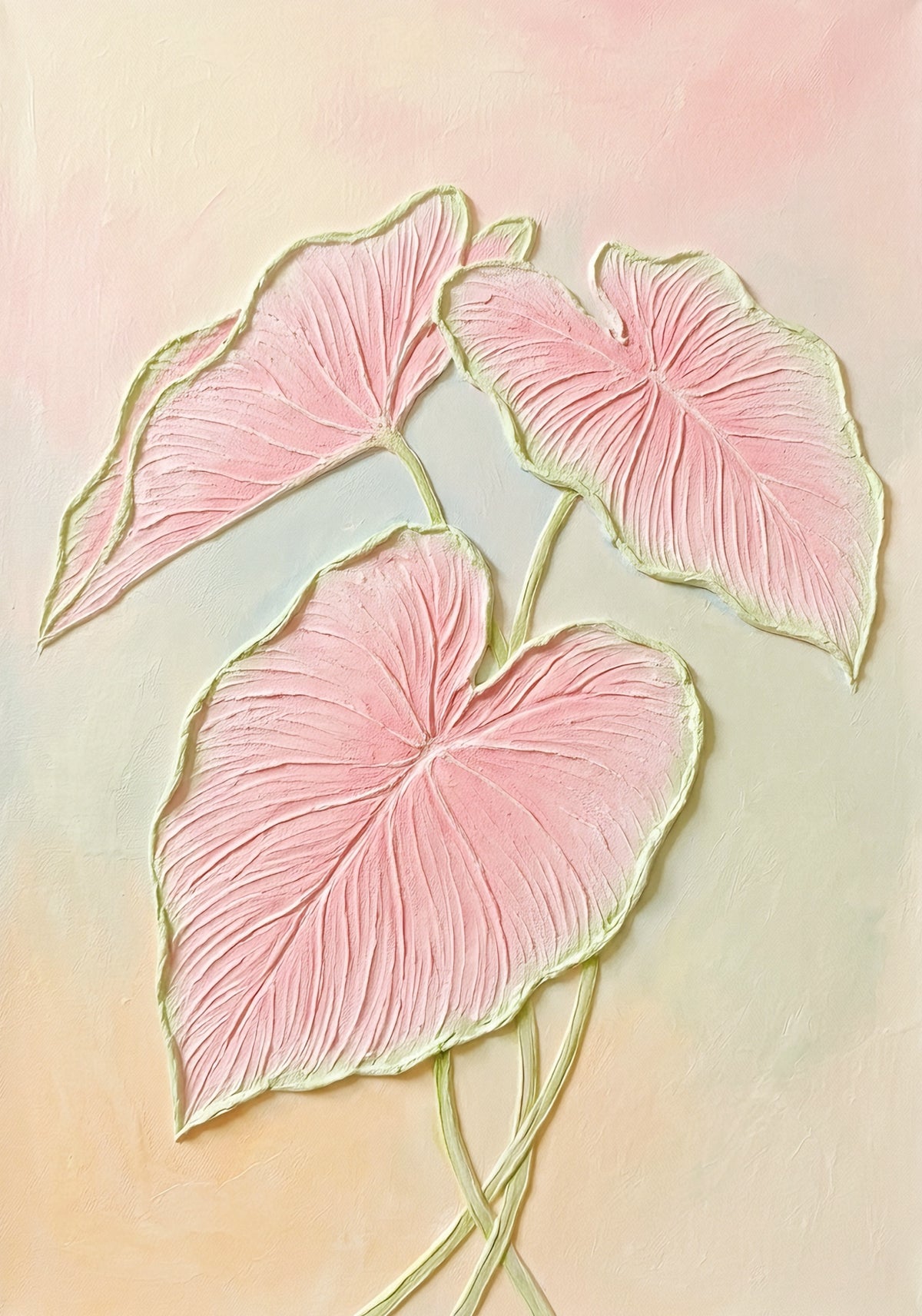 Three sculpted pink caladium leaves on a pastel peach-to-mint ground