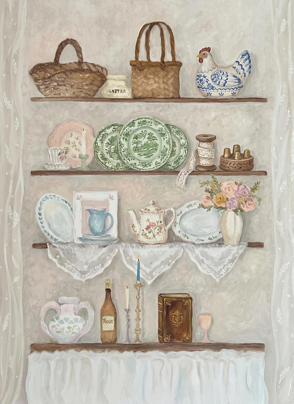 Painted shelves of baskets, patterned plates, a teapot and a ceramic hen above lace curtains