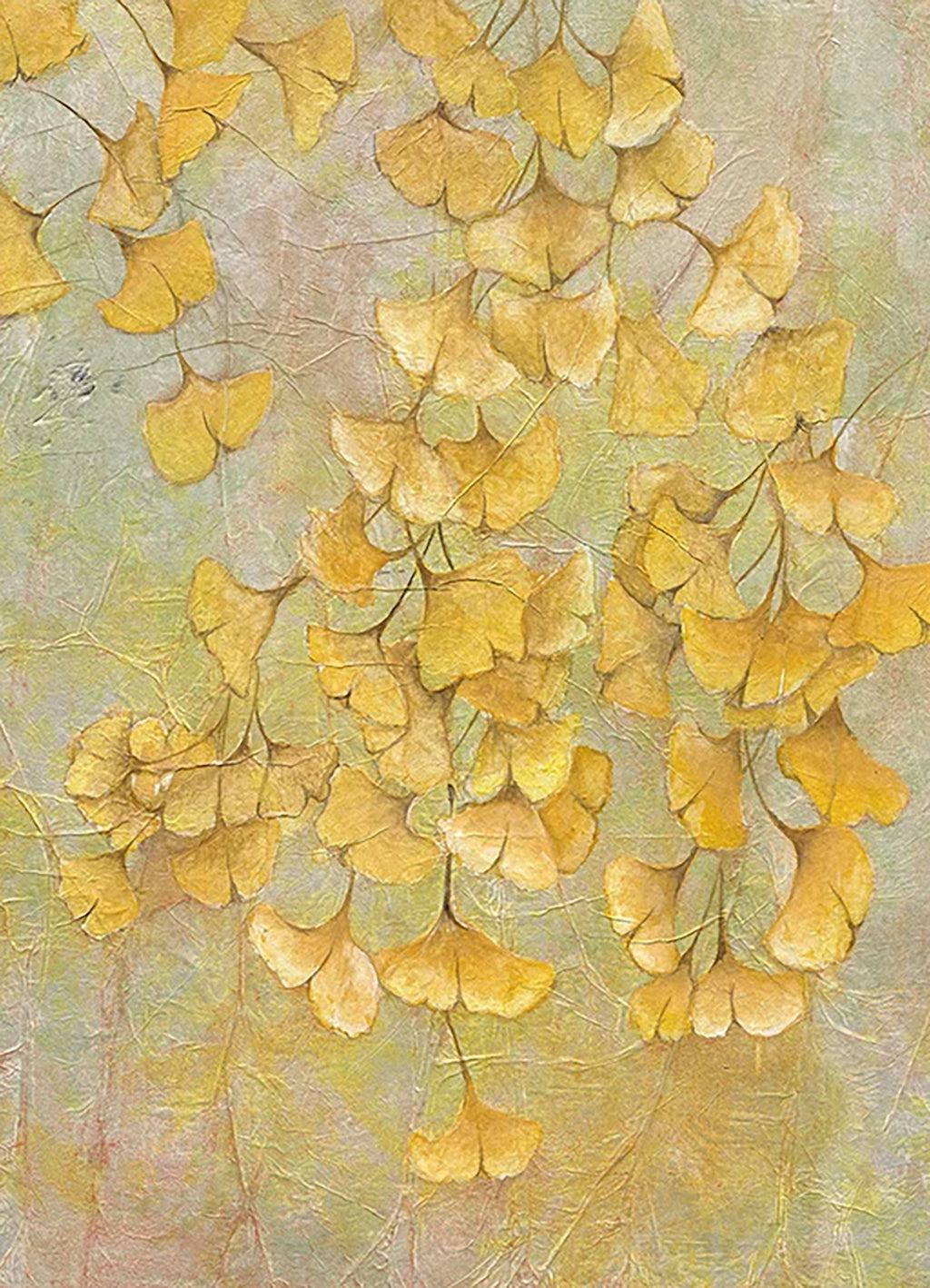Golden ginkgo leaves cascading over a soft, textured sage and cream ground