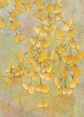 Golden ginkgo leaves cascading over a soft, textured sage and cream ground