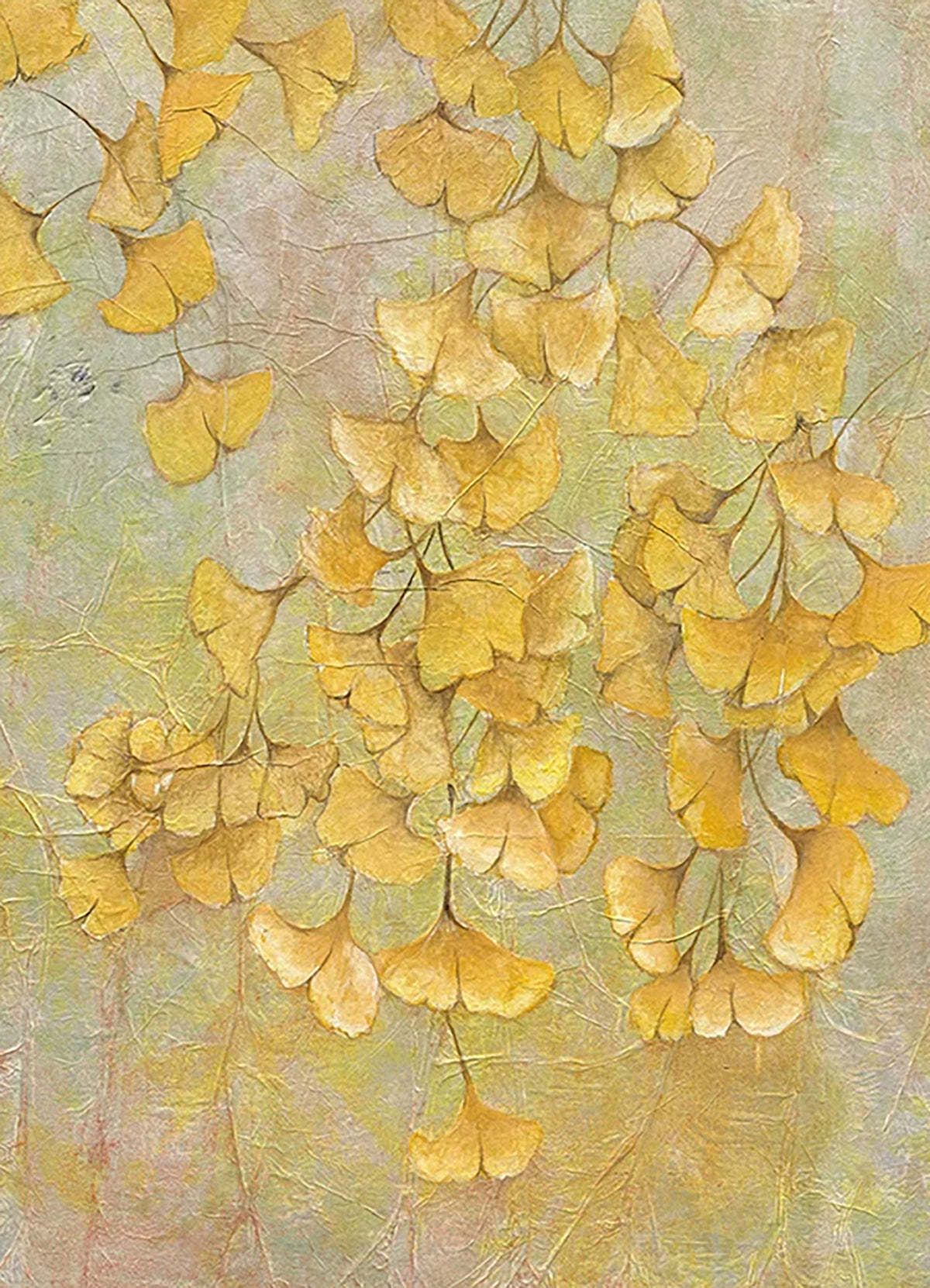 Golden ginkgo leaves cascading over a soft, textured sage and cream ground