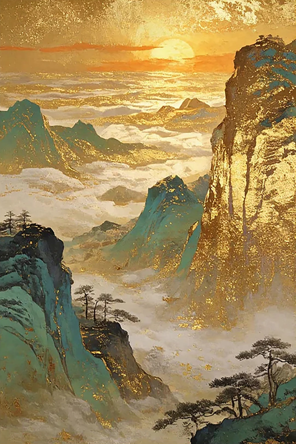 Jade-green cliffs and twisted pines above a sea of cloud, with a golden sunrise beyond