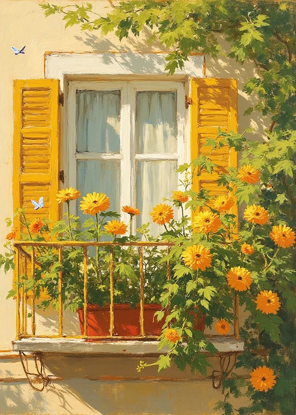 Yellow shutters and a balcony overflowing with sunflowers and climbing vines